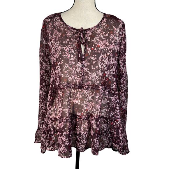 Lucky Brand Tops - Lucky Brand Large Top Floral Semi-Sheer Keyhole Ruffled Tiers Long Bell Sleeves